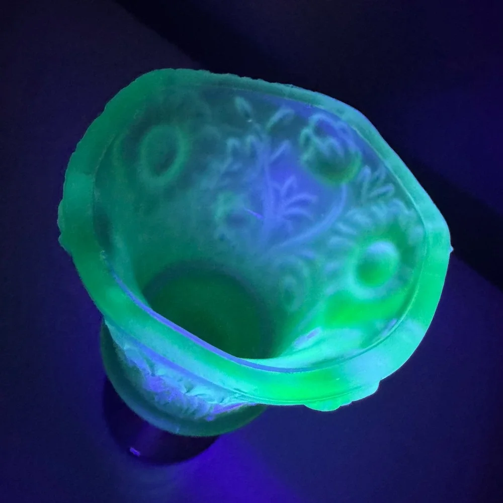 Vintage Green Uranium Glass Floral Satin Frosted Brass Candle Holder 5 1/2